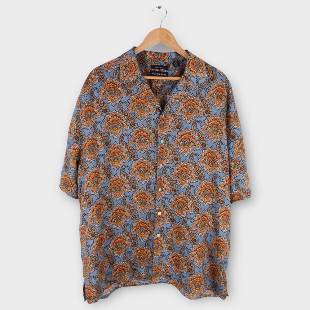 Austin Reed London Men's Shirt XL Blue Paisley Floral Pattern 100% Linen